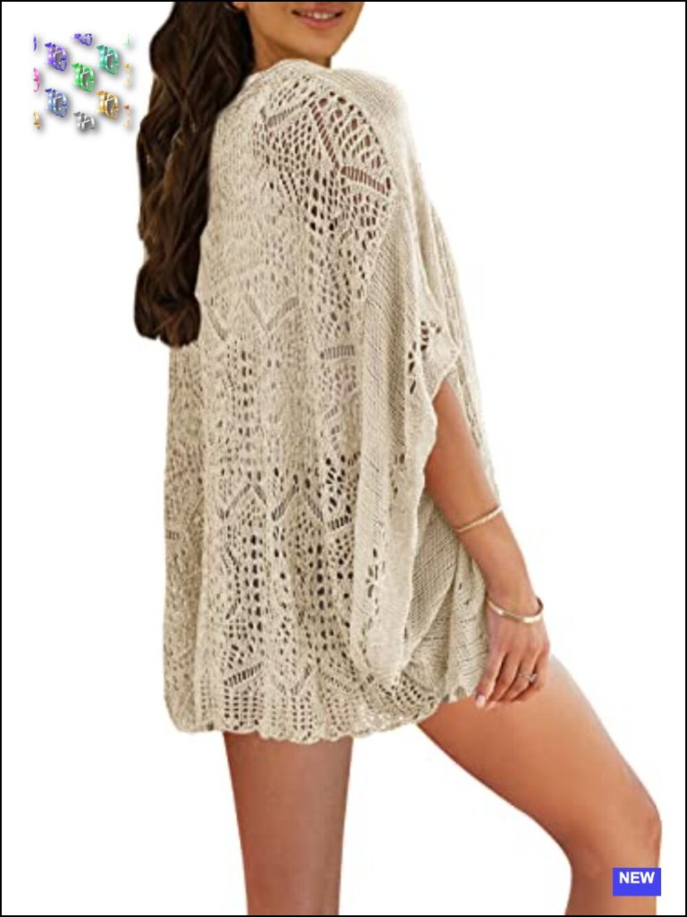 Open Front Kimono Crochet Cardigan Batwing Sleeve Lightweight Knit Sweater - Picture 3 of 6